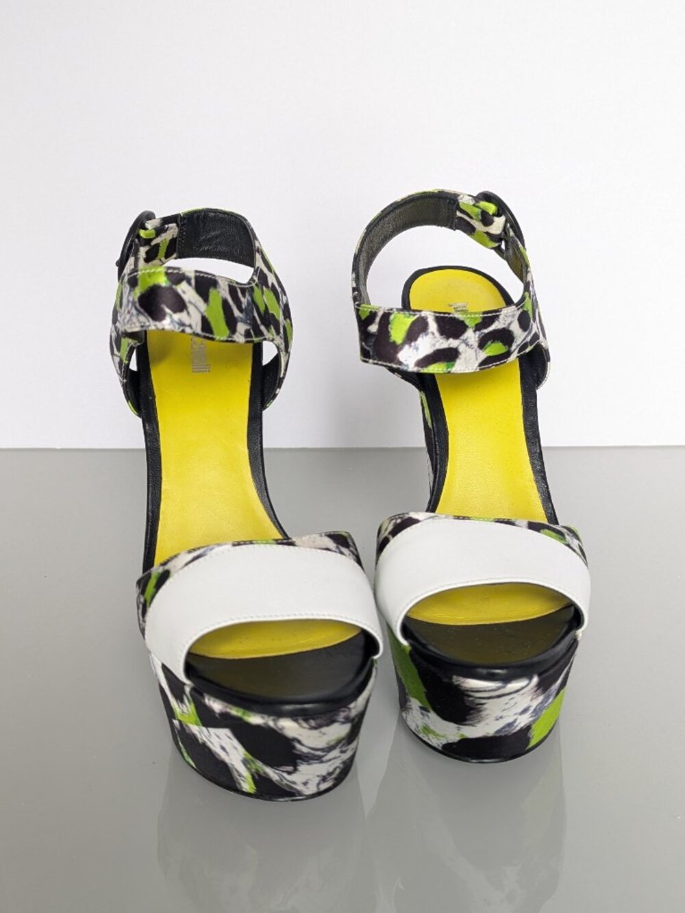 Just Cavalli Y2K Neon Black White Animal Print Open Toe Wedge Heels Size 38 - Picture 2 of 11